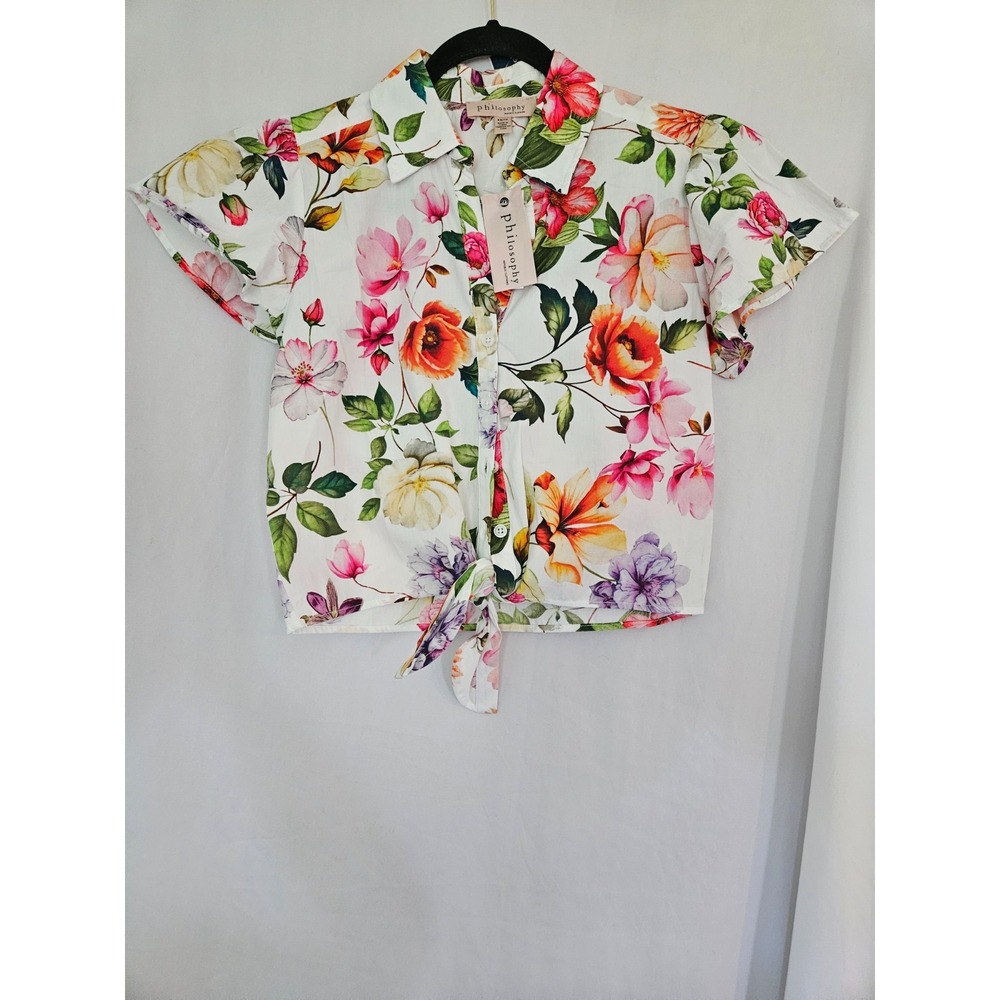 NWT Philosophy Women's XS White Floral Tropical Print Tie Front Blouse Cotton